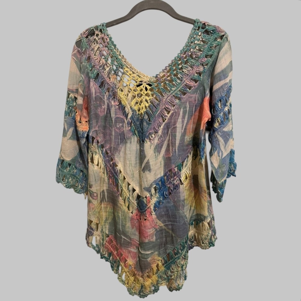 Dor Dor Couture Crochet Floral Asymmetrical 3/4 Sleeve Top Boho Festival Size M - Picture 4 of 11